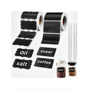 SORTERA- Snygga och stilrena etiketter för burkar – Svarta klisteretiketter med penna